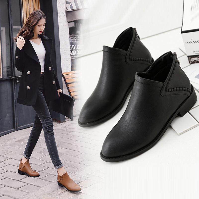 Women Autumn Winter Ankle Boots Slip-on Round Toe Square Heel Solid Casual Black/Camel Booties