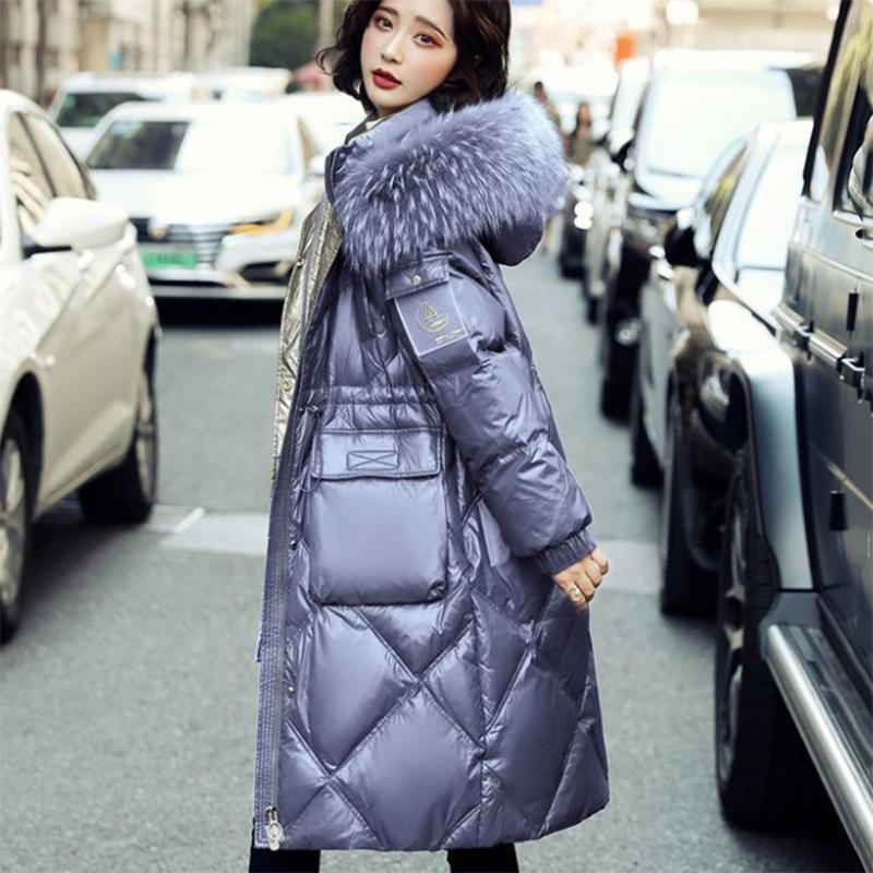 Women's Winter Korean Loose Quilted Coat Warm Down Jacket with Fur Collar Women's Glossy Mid-length Down Jacket