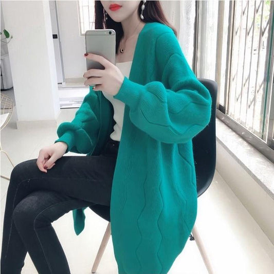 Spring and Autumn Knitted Cardigan Fashion Mid-length Coat Loose Wild Long-sleeved Sweater