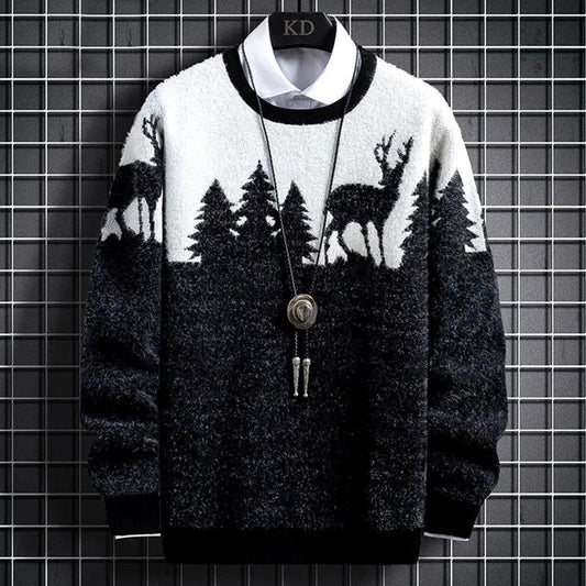 WTEMPO Men Christmas Sweater Elk Print Sweater Soft Casual Knitted Sweater Winter Thicken Warm Pullover