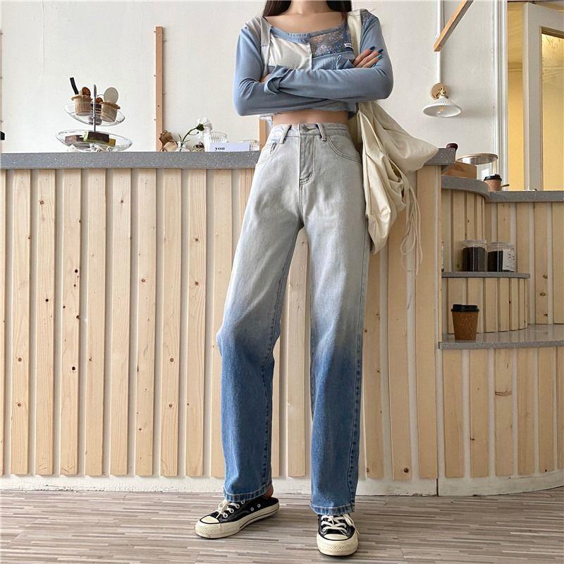 Autumn Design Sense Gradient High-waisted Jeans Women's Straight Loose Wide-leg Trousers Trend