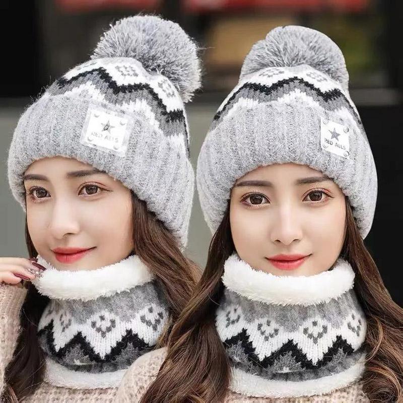 Winter Hat Bib Suit Plus Velvet Thick Warm Knitted Wool Hat Outdoor Windproof Mask Bib One for Women