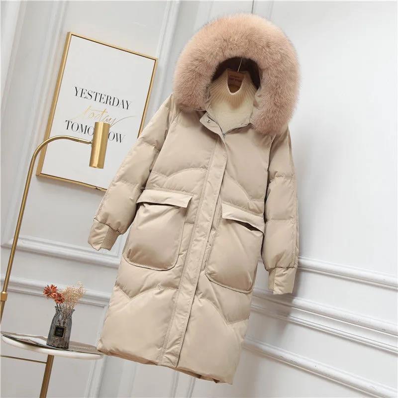 Down Jacket Winter Korean Fashion Big Fur Collar Mid-length Hooded Thick Warm Large Size Jacket Suitable for Women