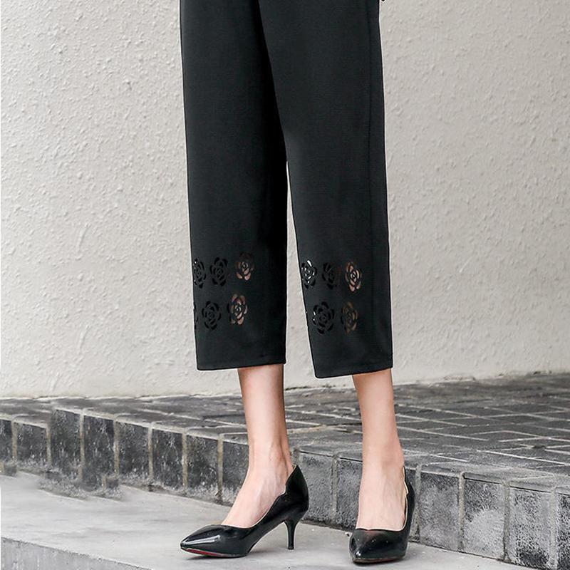 Summer Thin Stretch Mother Cropped Pants Elastic High Waist Loose Middle-aged and Elderly Women's Grandma Pants Hollow Casual Pants