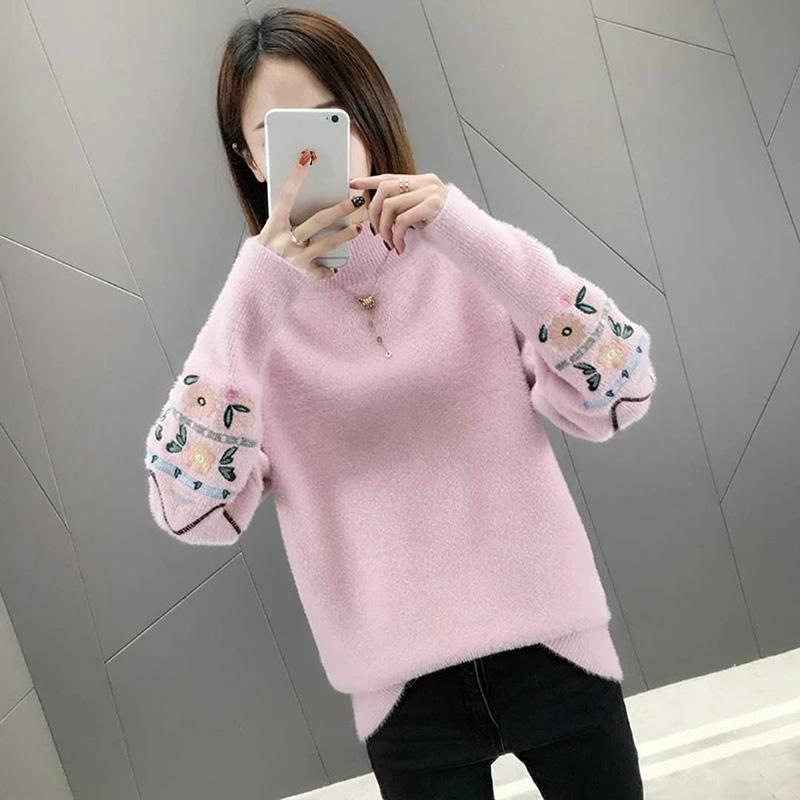 Large Size Sweater Water Velvet Round Neck Sweater Cashmere Warm Sweater Winter Ladies Long Sleeves