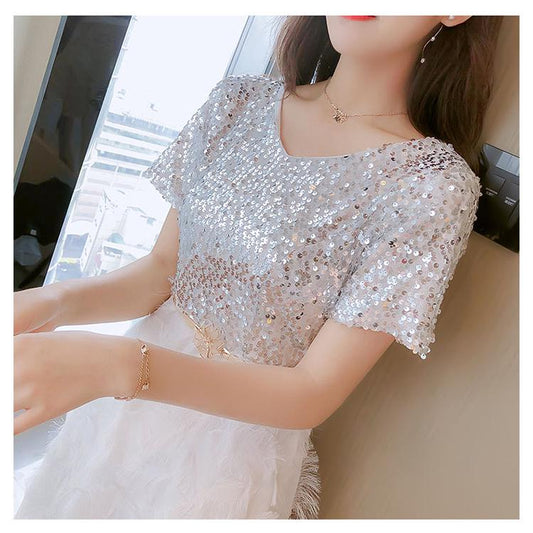 V-neck Short Sleeve Sequined Party Dresses Women Streetwear Midi Dress Female Spring Dress Vestido