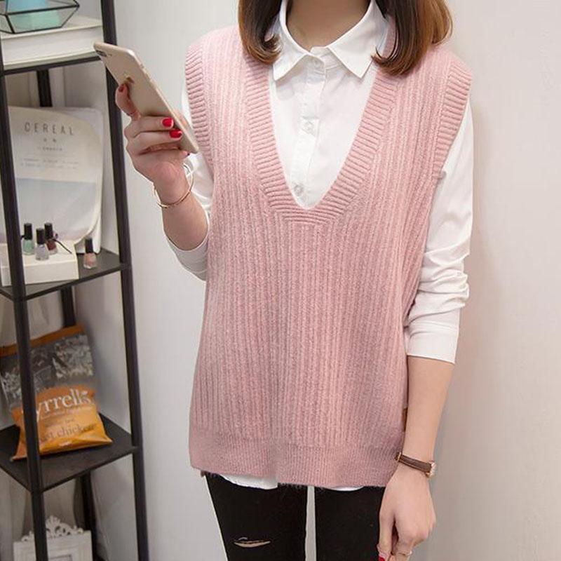 Autumn and Winter Knitted V-neck Vest Sleeveless Waistcoat Short Waistcoat Simple Pullover Women's Top