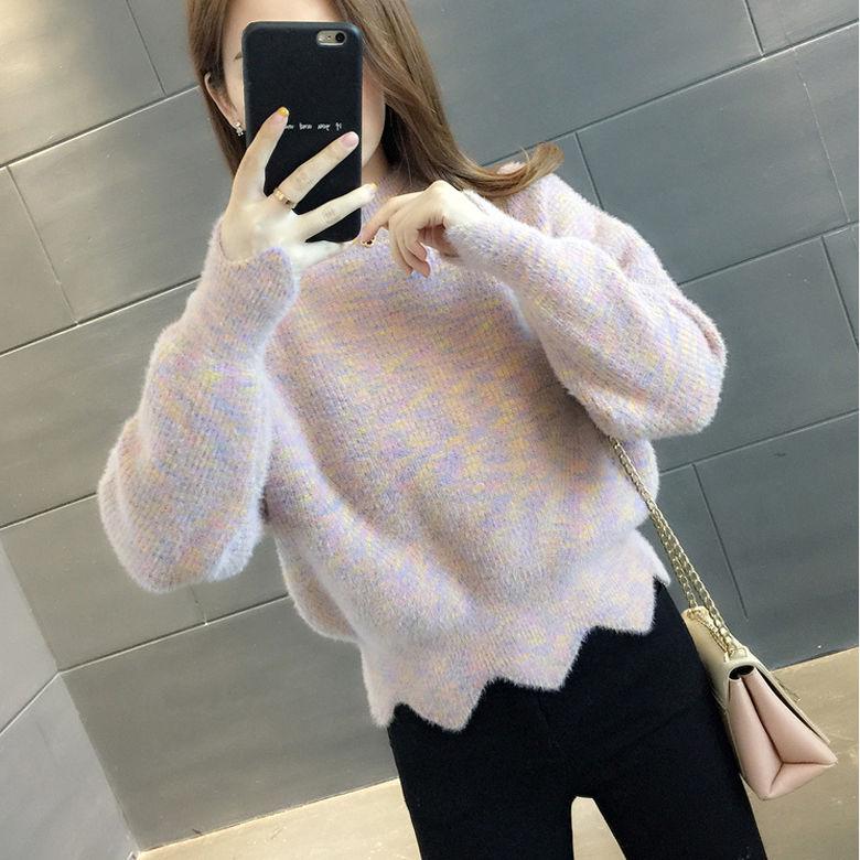 Autumn Winter Korean Knitwear Women Knit Pullover Sweater Tops High-neck Thick Mohair Colorful Rainbow Sweater Outwear