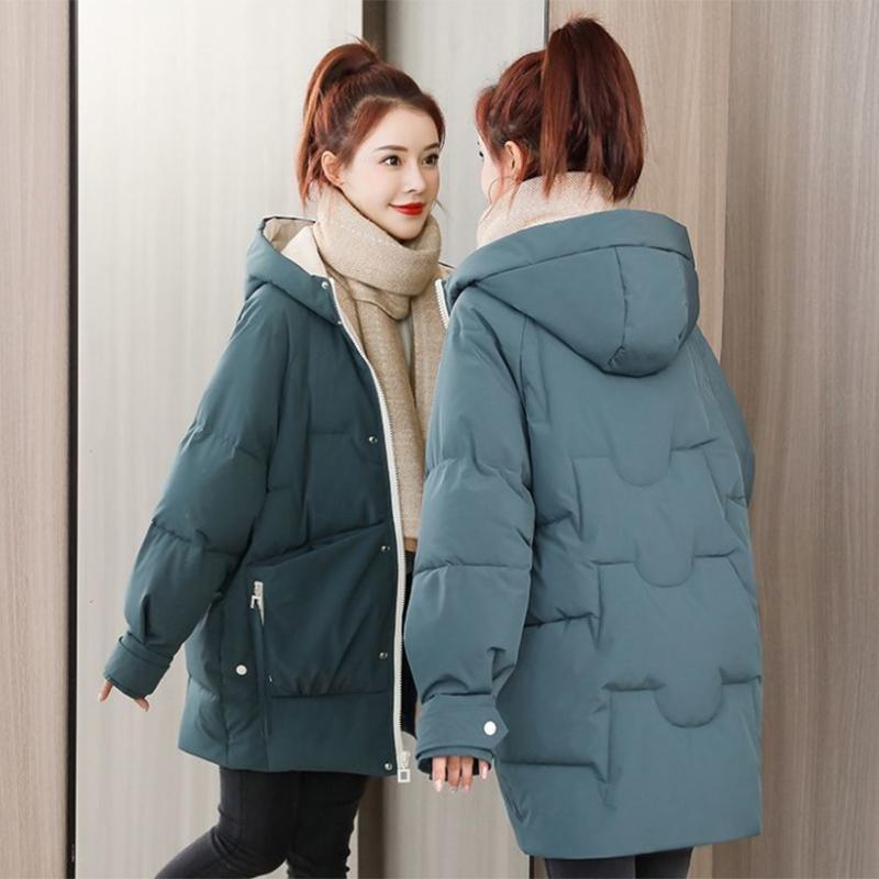 Women's Mid-length Down Jacket Winter Korean Loose Cotton Clothes Casual Hooded Padded Jacket