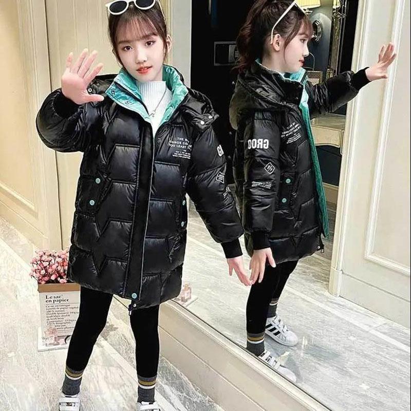 Girls Mid-length Disposable Printed Hooded Cotton Jacket Warm and Windproof Padded Winter Jacket