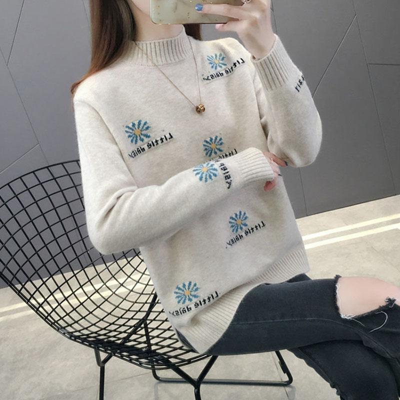 Autumn and Winter Half High Neck Pullover Sweater Loose Jacquard Simple Bottoming Shirt Thick Knitted Women Sweater