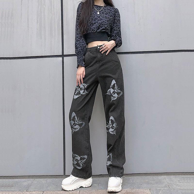 Butterfly Print Straight-leg Jeans Vintage Jeans Loose Streetwear Women's High-waisted Slim and Versatile Drape Loose Mopping Casual Pants