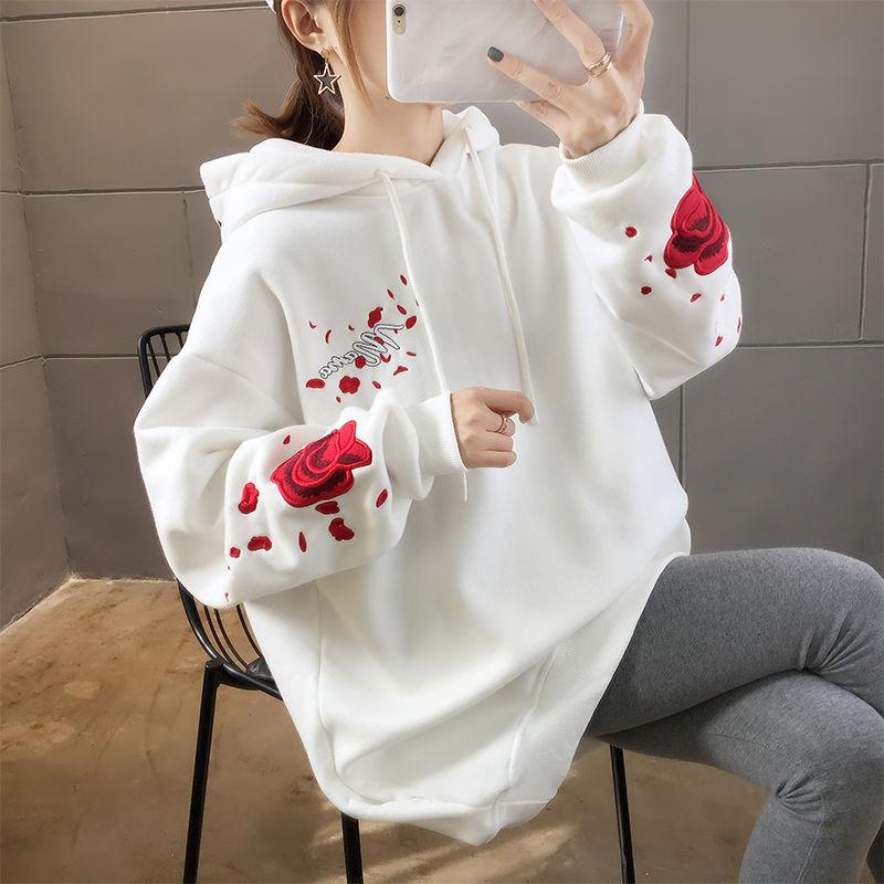 Crane Floral Embroidery Harajuku Hoodies Women Autumn Winter Thick Fleece White Black Hooded Pullover Tops Oversized Streetwear Hip Hop Sweatshirts