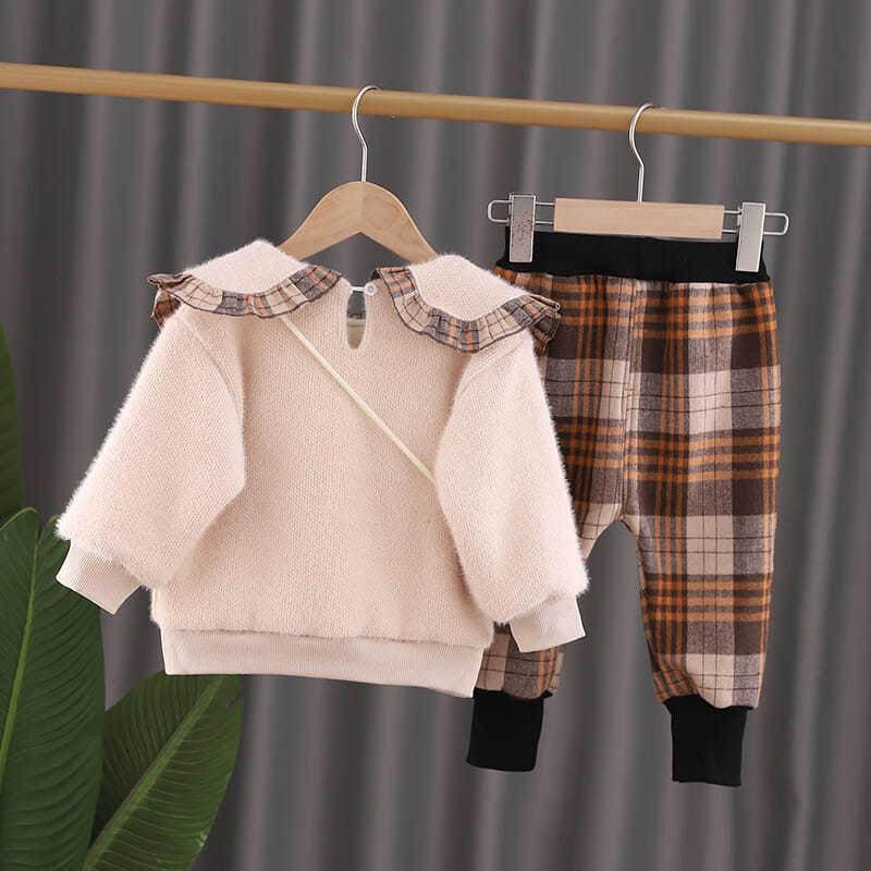 Girls Suits Warm Children's Clothes Girls Autumn and Winter Comfortable Casual Children's Clothing Plaid Pants Lapel Doll Clothes Two-piece Set