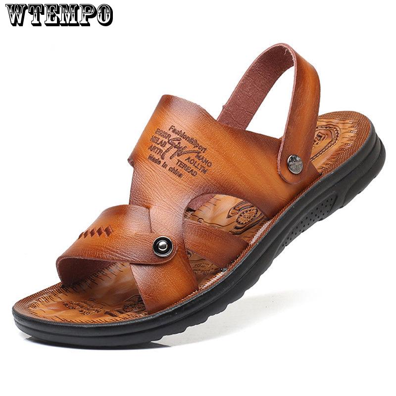 Summer Sandals Men Leather Classic open-toed Slipper Outdoor Beach Rubber Summer Shoes