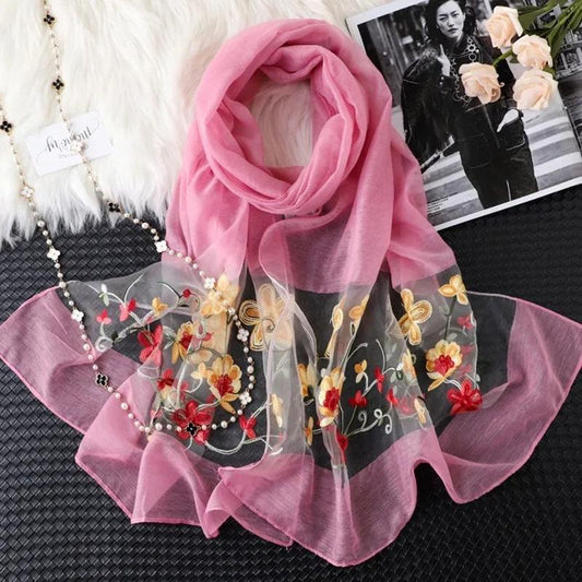 Women's Sunflower Embroidered Scarf Warm Autumn Winter Simulation Silk Mulberry Scarf Thin Solid Floral Neck Cover Female Wrap Shawl Sweet Lace Scarf