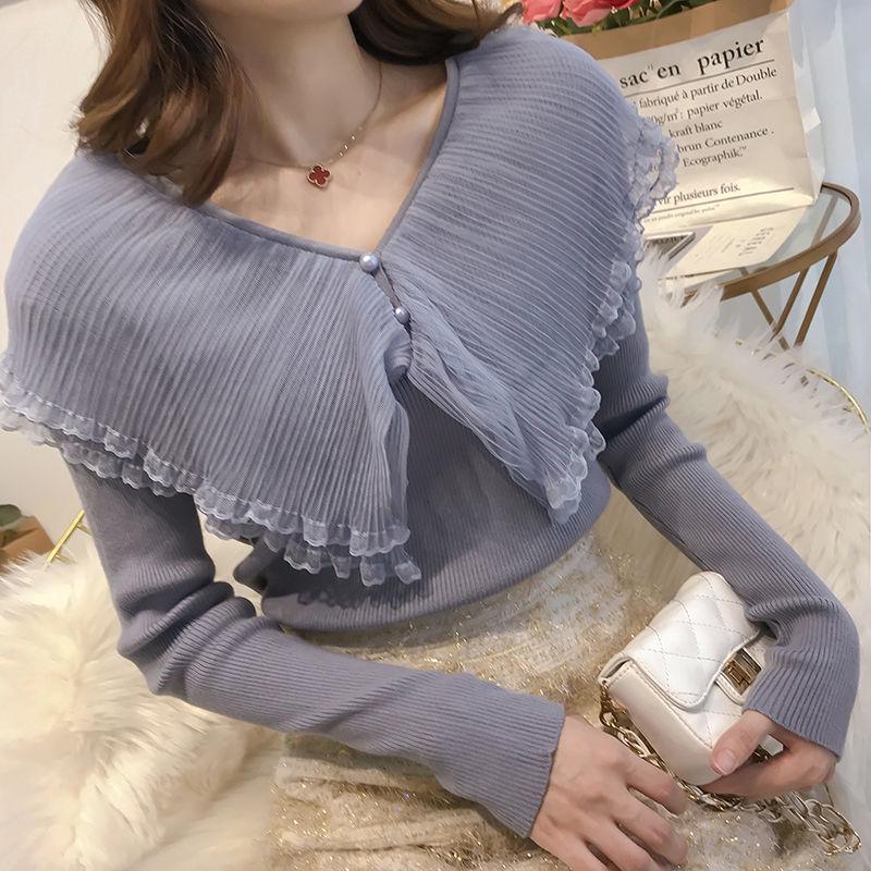 Double Layer Lotus Leaf Collar Sweater Fashion Flared Sleeve Sweater Autumn and Winter Ins Blouse