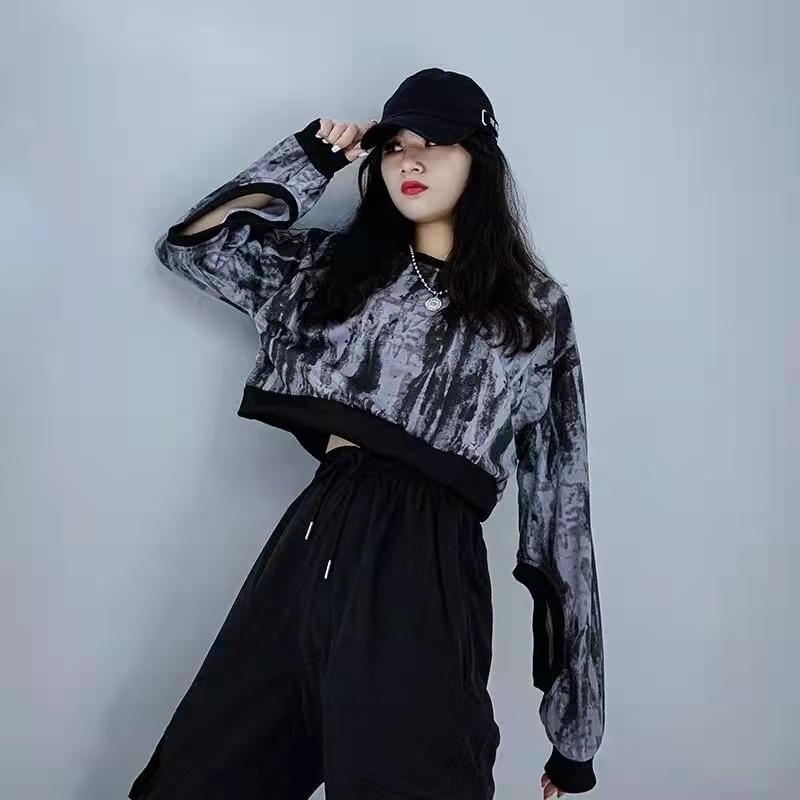 Women's Sweater Spring and Summer Korean Version Loose Harajuku Style Tie-dye Ripped Sweater Short Thin Long-sleeved Top