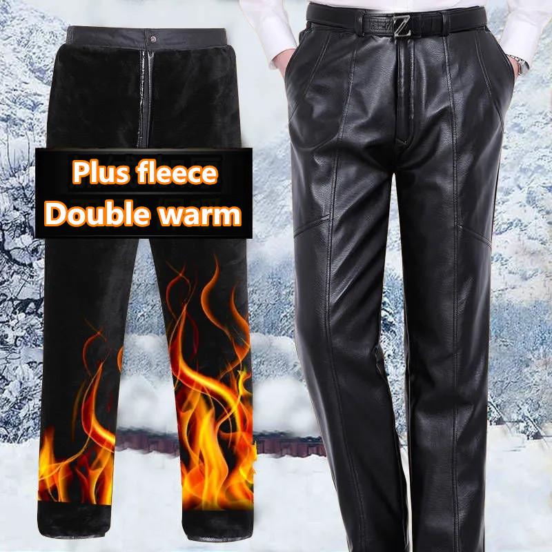 Men's Leather Pants Plus Velvet Padded Warm Winter Trousers High Waist Waterproof and Windproof Motorcycle Pants Plus Leather Elastic Waist Pants