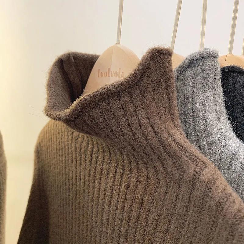 Women Half Turtleneck Pullover Sweater Autumn and Winter Thick Sweaters Women Casual Loose Jumpers Inside Solid Bottoming Sweaters Short Basic Tops