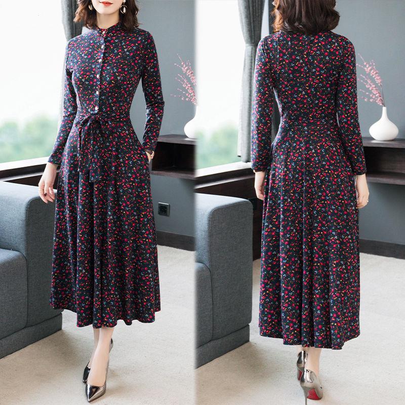 Slim fit long skirt floral skirt knitted dress women autumn and winter stand collar long sleeves