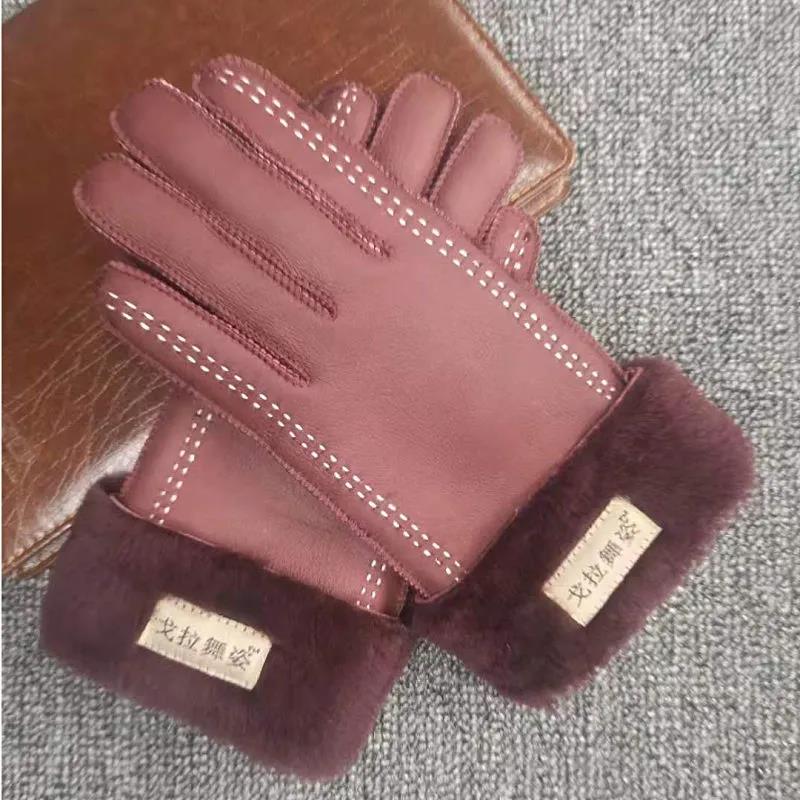 Leather Gloves and Fur One Winter Plus Velvet Thickening Outdoor Sports Sheepskin Gloves