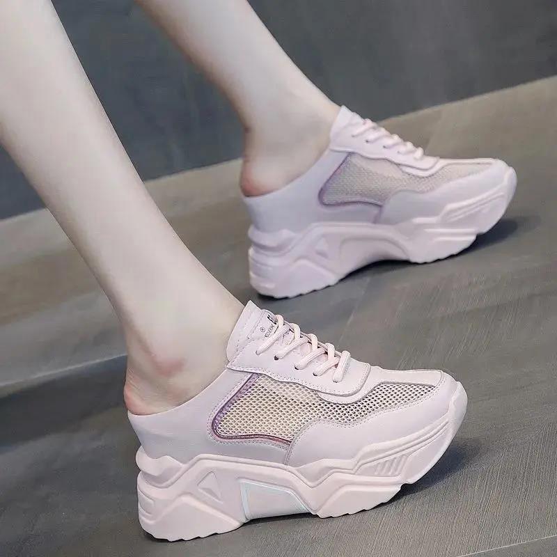 Summer All-match Baotou Semi-slippers Women's Outer Wear Thick-soled Mesh Surface One-step Increase Daddy Sandals