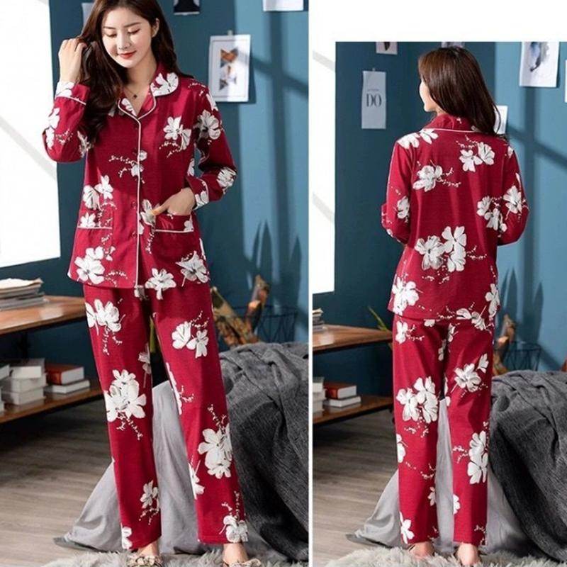 Women's Spring Autumn Long-sleeves Thin Pajamas Set Comfortable Casual Printing Korean Style Cute Cardigan Two-pieces Lapel Loose Homewear Loungewear