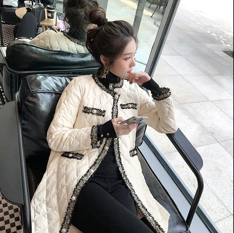 Cotton-padded Jacket Women Winter Korean Woven Diamond Lattice Light and Thin Mid-length Cotton-padded Jacket Women's Padded Jacket