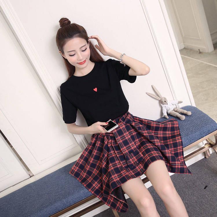 Spring and Summer Fashion Solid Color Suit Skirt Women's Short-sleeved T-shirt High Waist Irregular Plaid Skirt Two Pieces