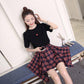 Women Summer Casual Suit Skirt Female Vintage Short Sleeve T-shirt Two High Waist Irregular Lattice Skirt Set