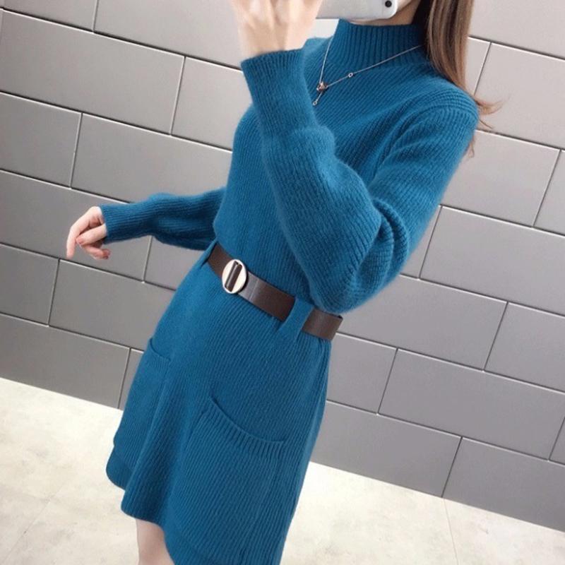 Korean Style Loose Outer Wear Mid-length Sweater Women Waist Slim Half Turtleneck Long Sleeve Autumn  Winter Base Sweater Dress