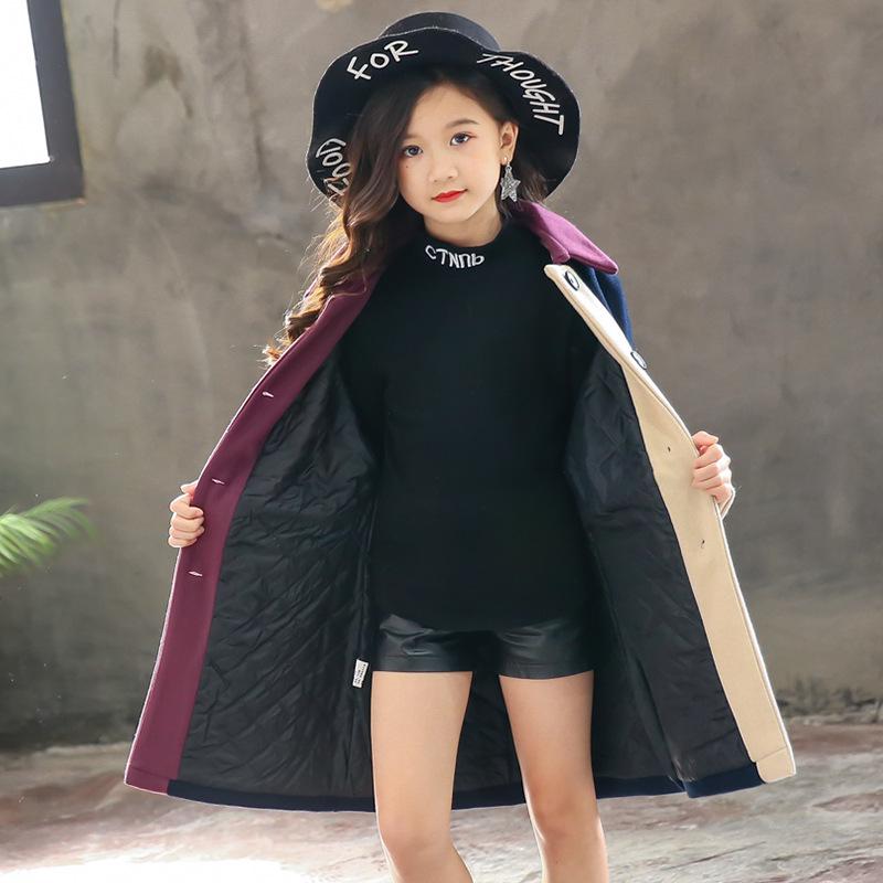 Girls' Wool Coats Children's Fashion Autumn and Winter Models Wool Casual Stitching Color Western Style Mid-length Woolen Coats