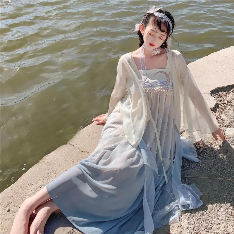 Hanfu Female Full Chest Skirt Super Fairy and Elegant Original Design Pearl Embroidery Three-piece Summer