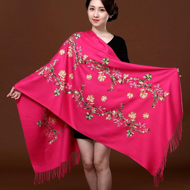 Red Embroidered Scarf Female Ethnic Style Thick Double-sided Warmth Shawl Dual-use Autumn and Winter Wild Long Section