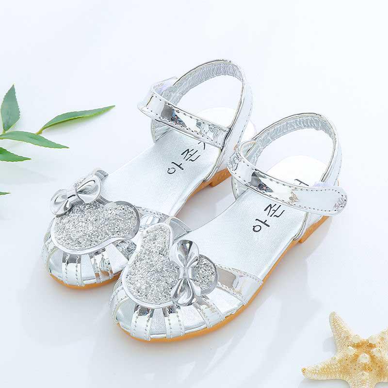 Summer Girls Flat Sandals Flash Children Girls High Heels Bow Leather Shoes Kids Dance Shoes Princess Wear-resistant Non-slip Sandals Size 21-36