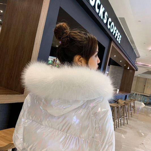 Bright Face Large Fur Collar Coat Mid-length Cotton-padded Jacket Loose and Thick Women's Bright Face Thickened Bread Down Jacket