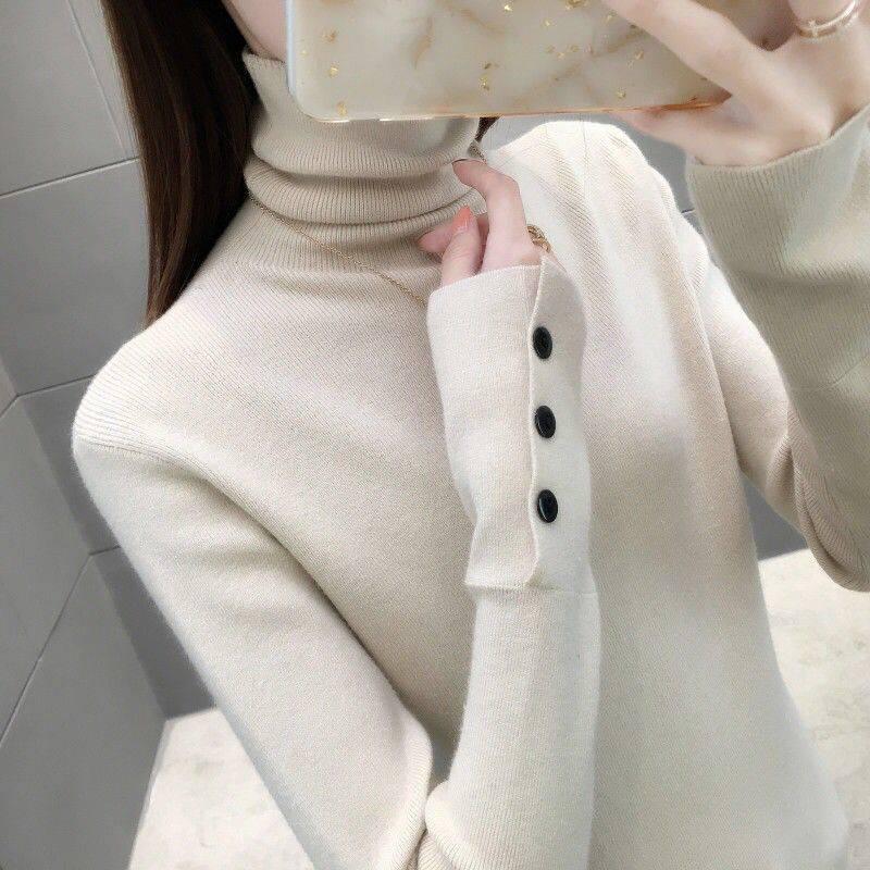 Pofulove  Turtleneck Knitted Long Sleeve Women's Spring Autumn Sweater Thin Bottoming Shirt Comfortable Softness