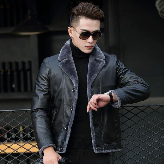 Leather Lapel Men's Leather Winter Motorcycle Jacket Top Layer Leather Short Fashion Slim Youth Leather Jacket