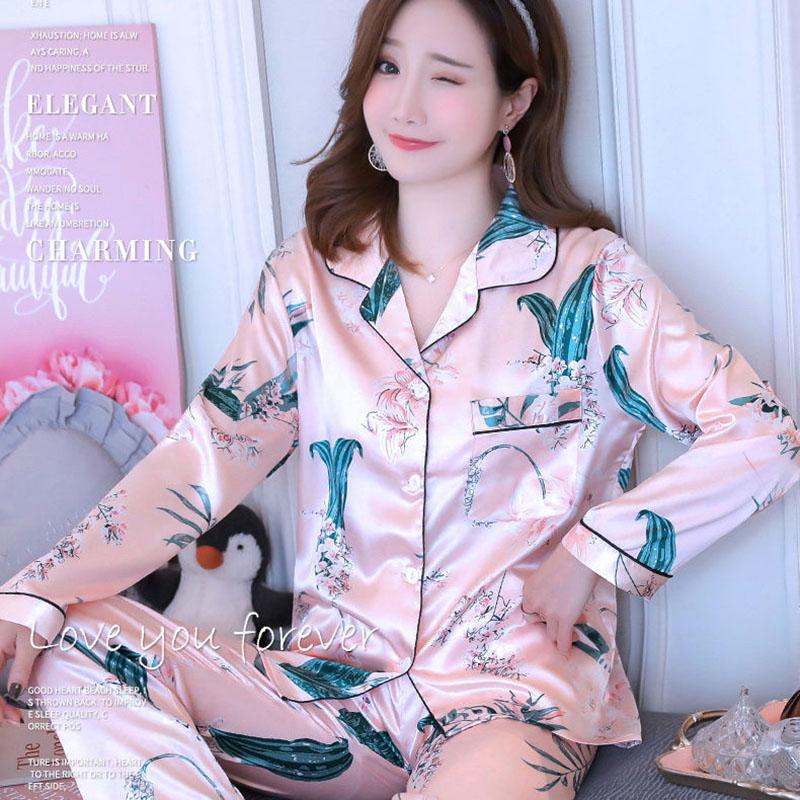 Spring and Autumn Ice Silk Long-sleeved Thin Women's Pajamas Sexy Korean Style Cute Spring and Summer Plus Size Two-piece Suit