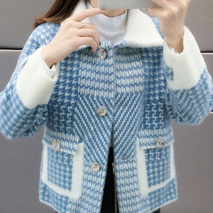 Autumn and Winter Korean Style Coat Loose Houndstooth Knitted Cardigan Lapel Long-sleeved Short Sweater