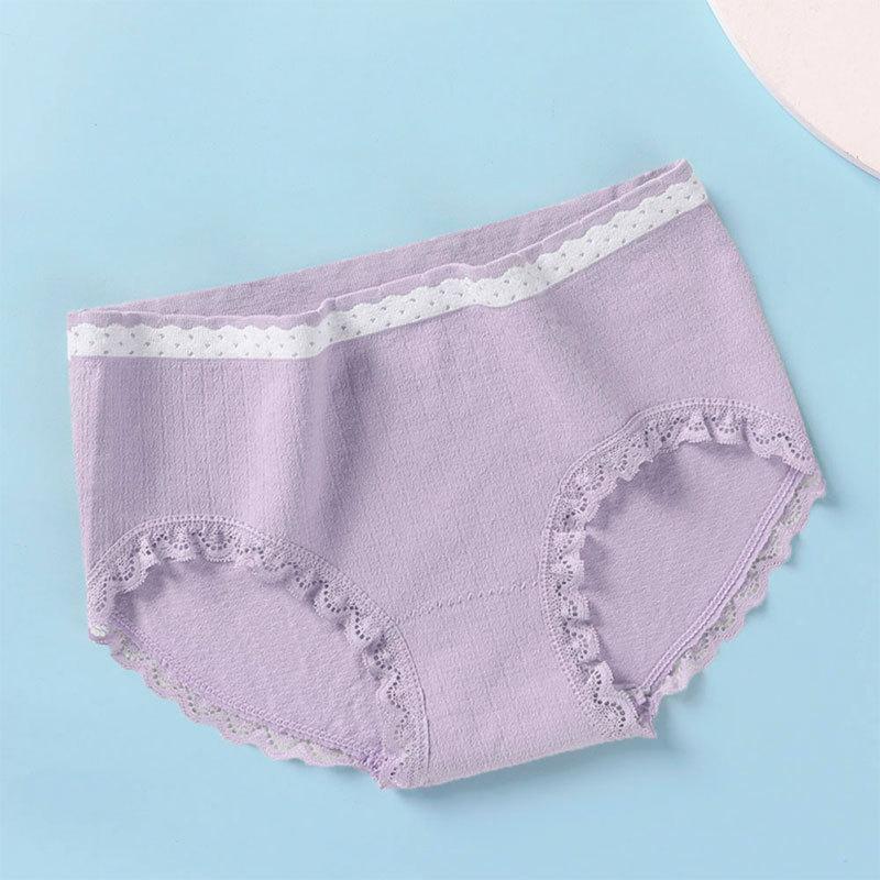 4Pcs/Set Women's Soft Underpants Casual Mid-waist Solid Color Cotton Crotch Solid Color Lace Briefs