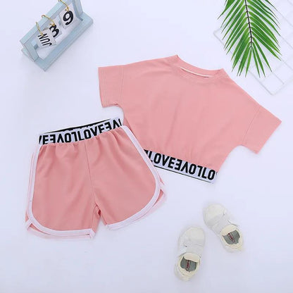 Children's Short-sleeved Suit Girls Summer Sportswear Shorts Solid Color Casual Wear