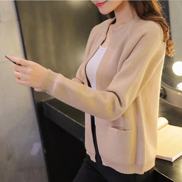 Spring and Autumn Cardigan Short Sweater Loose Solid Color Long Sleeve Top Fashion Knitted Women's Jacket