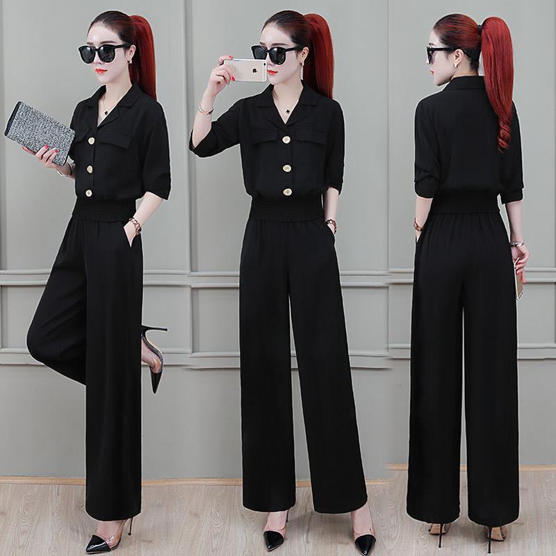 Two-piece Wide-leg Pants High-waisted Chiffon Suit Shirt High-waisted Wide-leg Pants Large Size Loose and Thin Chiffon Fabric Light and Breathable