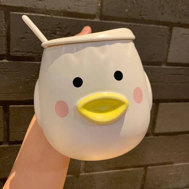 Creative Three-dimensional Mug with Lid Cute Pet Little Yellow Duck Ceramic Cup Male and Female Student Breakfast Cup Milk Cup Oatmeal Cup