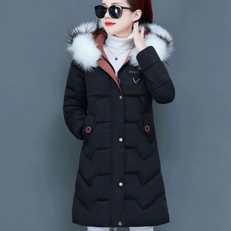 Ladies Down Jacket Winter Fashion Big Fur Collar Hooded Jacket Thick and Cotton Warm Mid-length Jacket