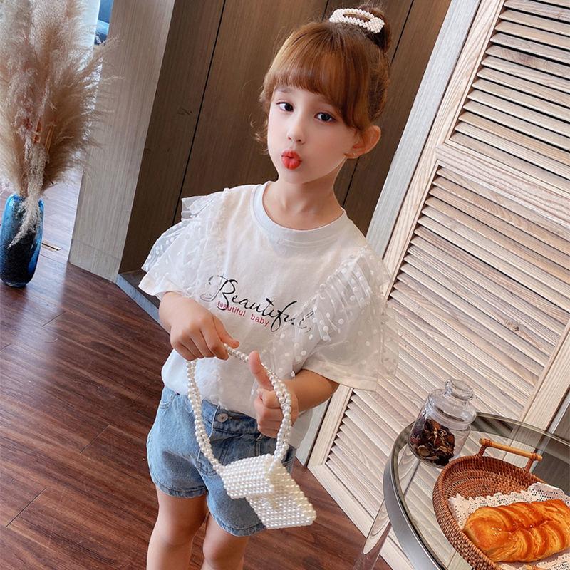 Girls' Summer T Shirt Girls' Printing Yarn Shirt Loose Version 1-8 Years Old Children's Short Sleeve Shirt Dots Folded Ruffles T Shirt