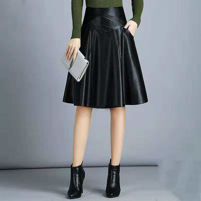 Women PU Leather Skirt Black High Waist  Pleated Skirt Slim Mid-length Plus Size A-line Skirt Autumn Winter