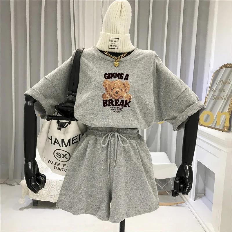 2PCS Women's Summer Cotton Suit Large Size Short Sleeve Shorts Casual Sportswear Two Piece Set Gym Fitness Running Jogging Suit Workout Clothes Set